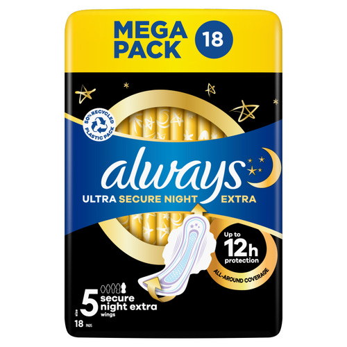 Always Ultra Sanitary Towels Secure Night Extra (S5) Wings (Pack of 18)